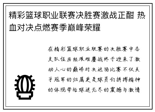 精彩篮球职业联赛决胜赛激战正酣 热血对决点燃赛季巅峰荣耀
